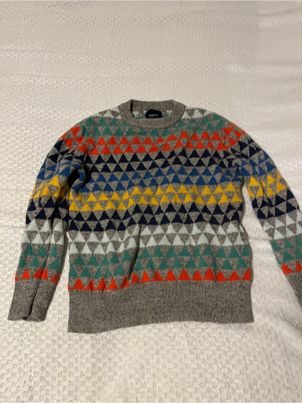 GAP Gray Crewneck Sweater with Red, Teal, Navy & Yellow Triangles